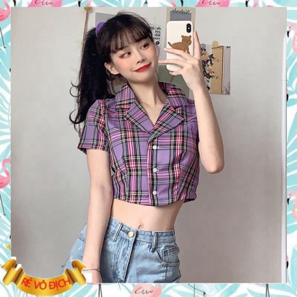 (mới) ÁO SƠ MI CROPTOP TAY NGẮN KẺ SỌC CARO THỜI TRANG CHO NỮ - CROPTOP CARO KẺ TÍM ĐEN ĐỎ HỒNG VÀNG XANH