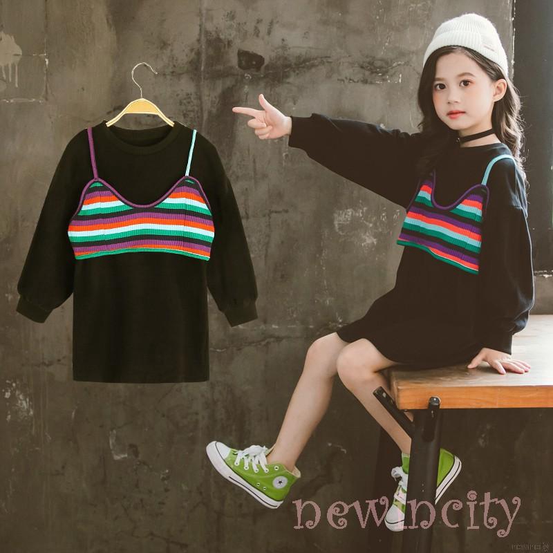 Đầm thun dài tay sọc ngang màu cầu vồng cho bé