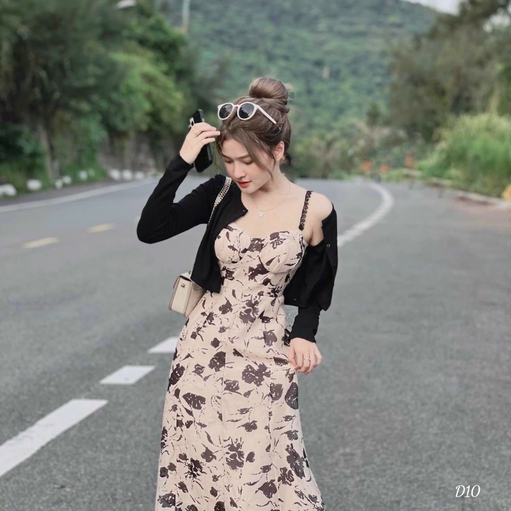 [Đầm sale] Đầm hoa dáng dài đi biển siêu dễ thương với thiết kế 2 dây có cúp ngực phối kèm khoác ngoài tha hồ khoe dáng