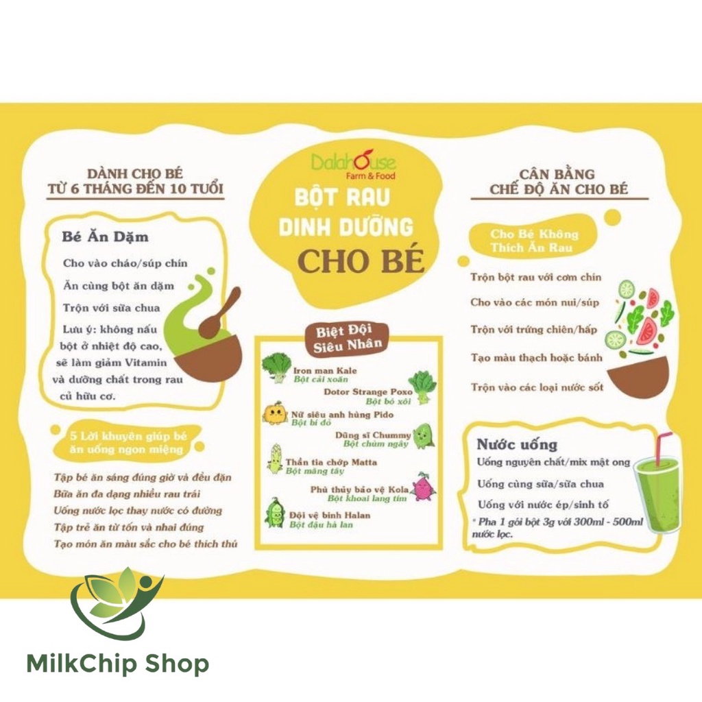 Bột rau củ dinh dưỡng hữu cơ sấy lạnh Dalahouse (có tách lẻ) NA21 Milk Chip shop