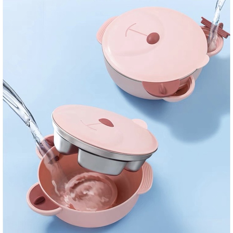 Bát ăn dặm chống đổ có nắp đậy cho bé - Khay ăn dặm chống lật inox và nhựa hình gấu cho bé Happypig