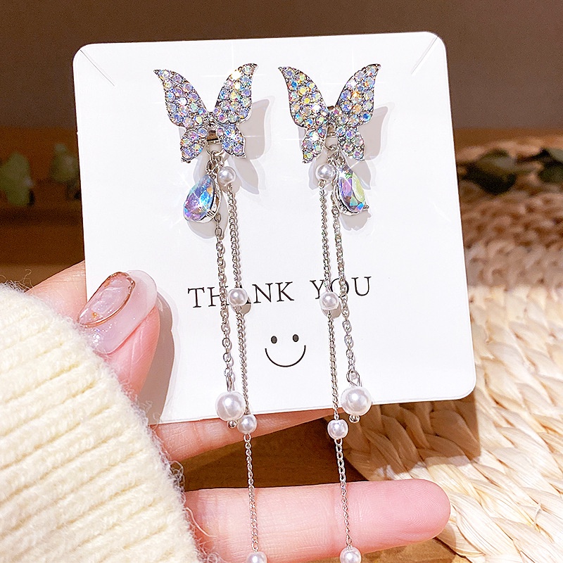 Khuyên Tai Dáng Dài Đính Đá Phối Tua Rua Hình Bướm Dễ Thương Phong Cách Hàn Quốc