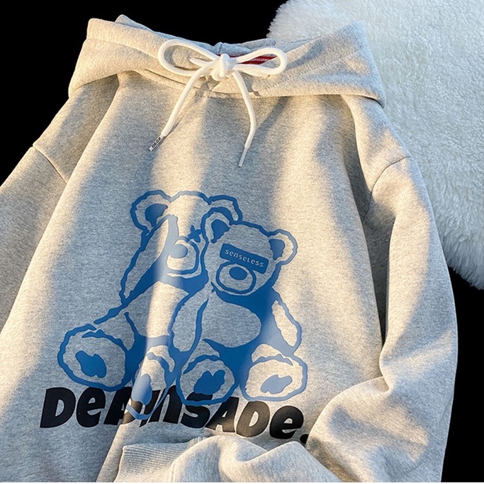 Áo hoodie ZHELIHANGFEI tay dài dáng rộng in hình gấu phong cách Preppy