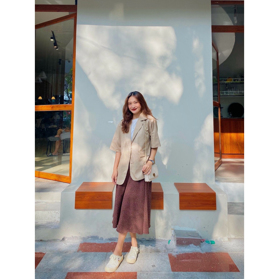 (Ảnh thật Gemma_Closet độc quyền) Áo blazer Ulzzang tay ngắn, dáng dài