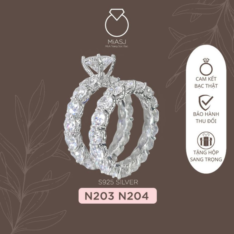 Set nhẫn bạc Ý S924 Italy full đá full kim xi kim cao cấp N203-N204 | MiASJ Mi.A Trang sức bạc