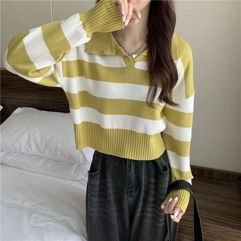 Áo Sweater Dệt Kim Tay Dài Cổ Polo Kẻ Sọc Xinh Xắn Cho Nữ