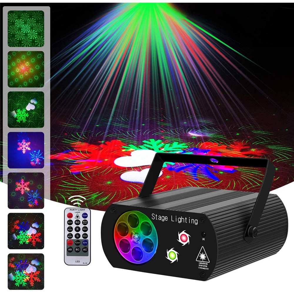 Đèn laser 6 mắt cảm biến theo nhạc ánh sáng laze - Hiệu ứng băng tuyết, trái tim, bông hoa Đèn khí quyển