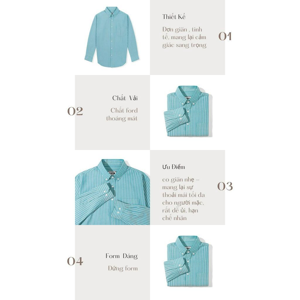 Áo Sơ Mi Nam Dài Tay Xanh Lục Lam Phối Sọc BY COTTON Blue Cyan Stripes Oxford