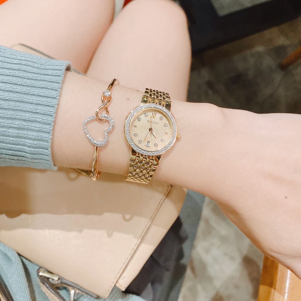 Đồng hồ nữ chính hãng Bulova 98R212 gold mặt chải tia vàng- Máy Quartz pin - Kính khoáng cứng