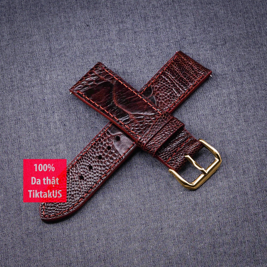 Dây đồng hồ nam da đà điểu thật khóa mạ vàng GOLD TiktakUs - Nhiều màu , đủ size 18mm - 19mm - 20mm - 21mm - 22mm