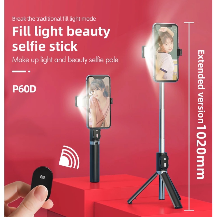 Gậy Selfie Stick Tripod Xoay 360 Kèm Đèn Led Ánh Sáng Cao Cấp Điều Khiển Từ Xa Không Dây Bluetooth Cho iPhone / Android