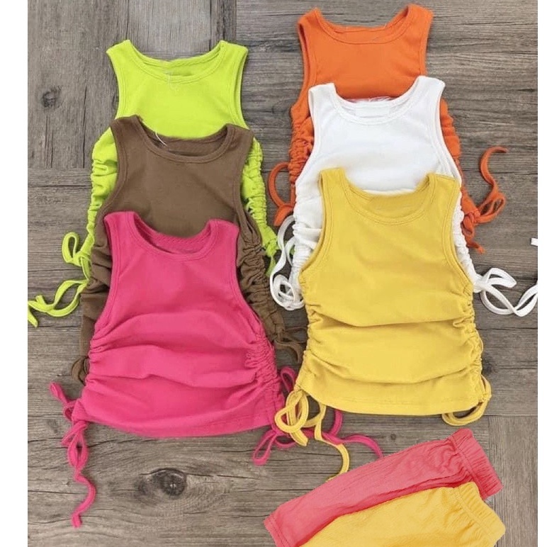 (8-18kg) Đồ bộ bé gái QATE925 - Bộ ba lỗ trơn rút eo bé gái