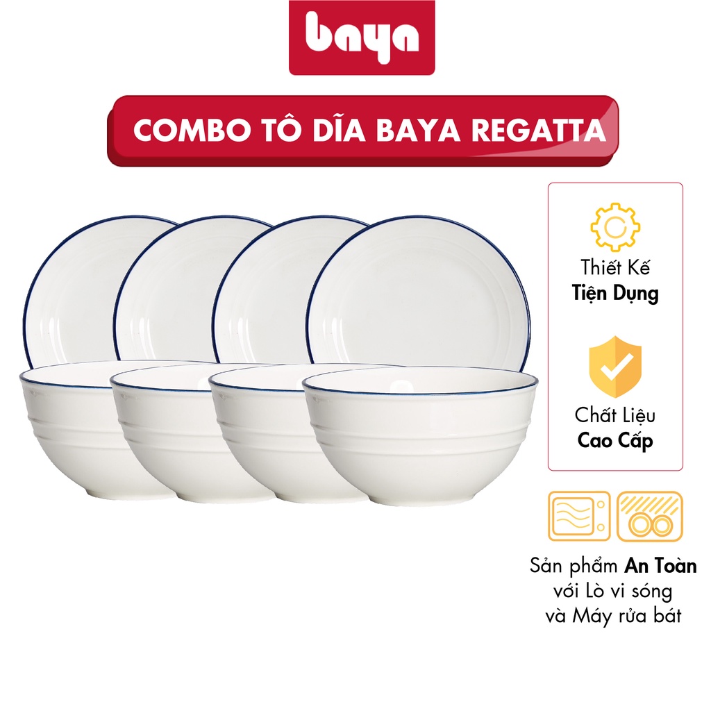 Bộ 4 Bát Tô Sứ Trắng Viền Xanh Và 4 Đĩa Trung BAYA REGATTA Chất Liệu Sứ Trắng Cao Cấp 6000253