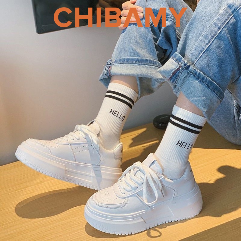 Giày thể thao nữ Trắng NK chất da lì đế cao 5cm, giày Sneaker học sinh CHIBAMY