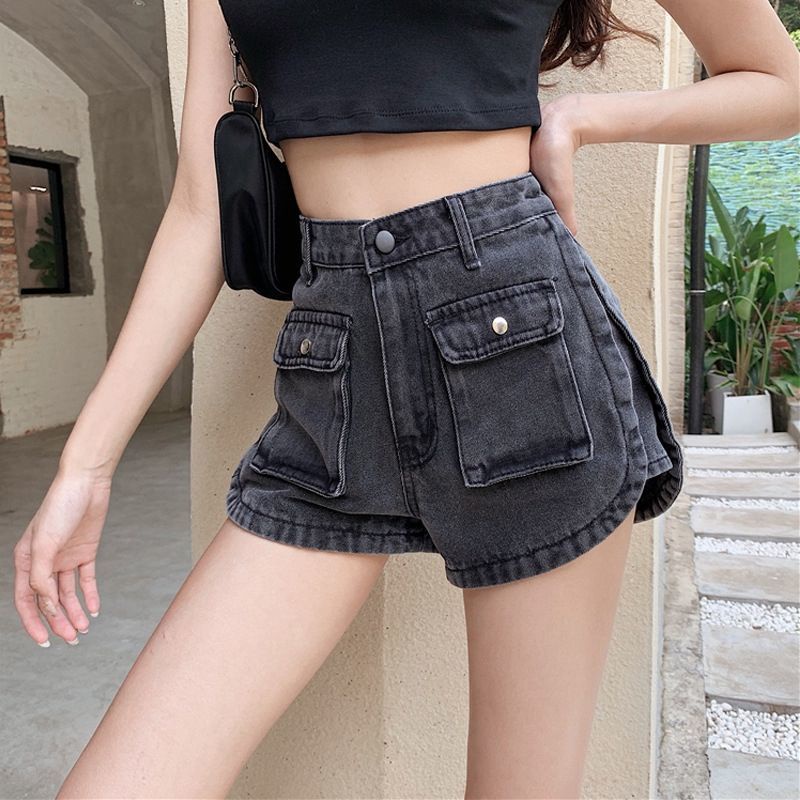 Jiashucheng Quần Short Denim Lưng Cao Ống Rộng Phối Túi Lớn Thời Trang Mùa Hè Mới Cho Nữ