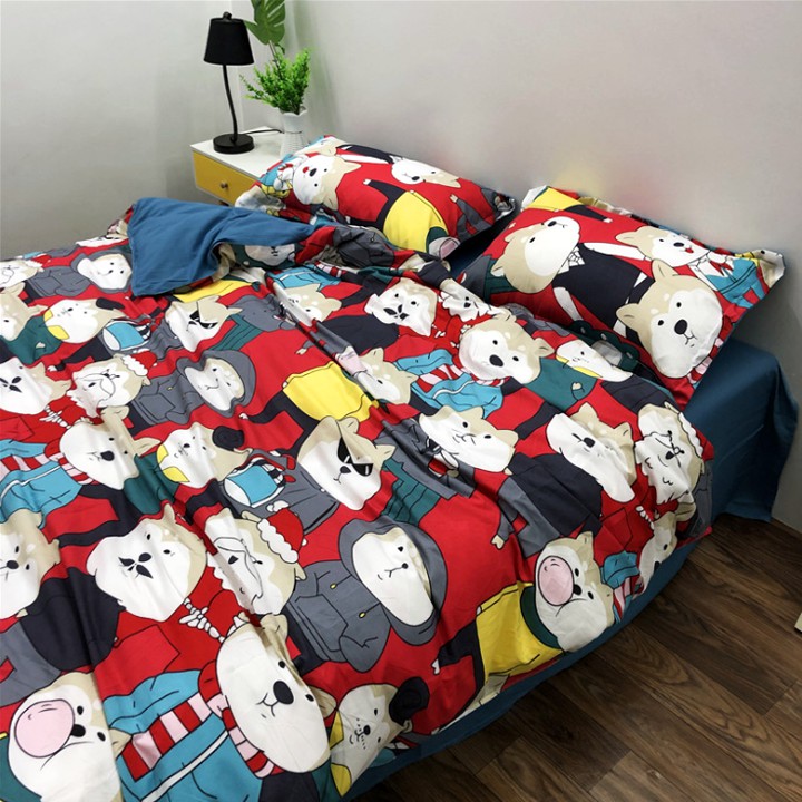 COMBO 4 Món Chăn Ga Gối Cotton Poly Nhập Mẫu ĐÀN CHÓ THÁM TỬ SHIBA INU