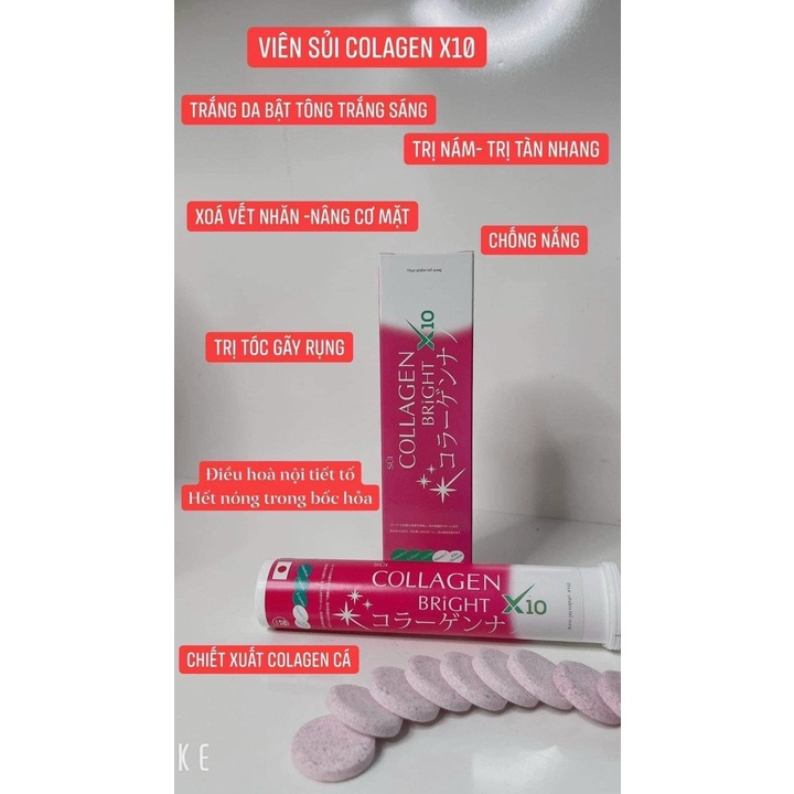 Viên Sủi Collagen X10 collagen đẹp da trắng sáng tự nhiên sạch nám tàn nhanh hiệu quả tuýp 20 viên