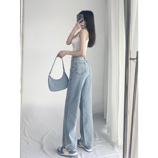 Quần Elise Jeans Suông Xanh Rách Đùi