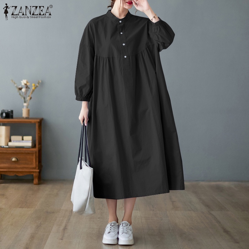 Đầm ZANZEA dài tay dài cổ đứng màu trơn phong cách Hàn Quốc thời trang cho nữ