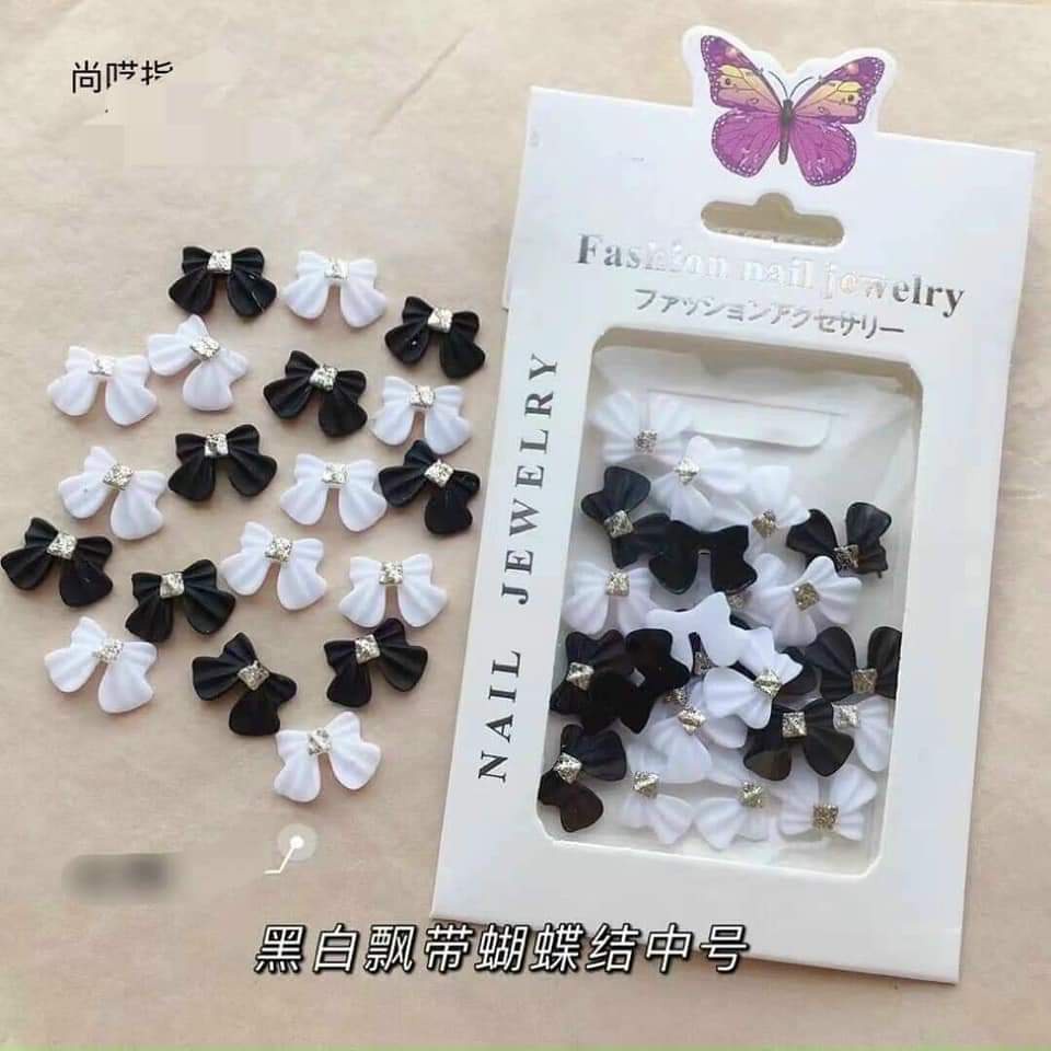 Set charm nơ đính móng đen trắng nail