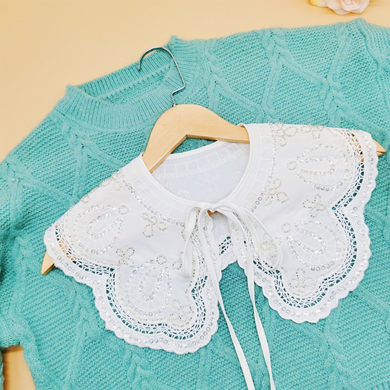 Cổ Áo Giả Khăn Choàng Trắng Đính Hạt Kim Sa Hình Bướm Thêu Hoa Lấp Lánh Cho Nữ