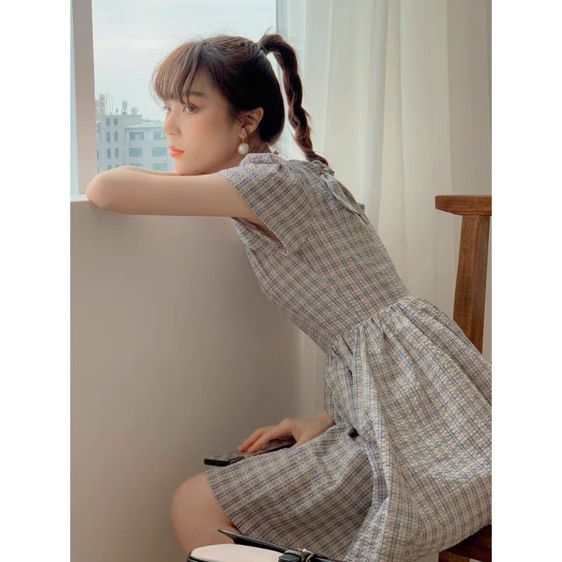 Đầm xòe caro , nơ sau kiểu tiểu thư xinh yêu dễ thương, dự tiệc cưới đi chơi , dạo phố Thời Trang VADA - Đ125 | BigBuy360 - bigbuy360.vn