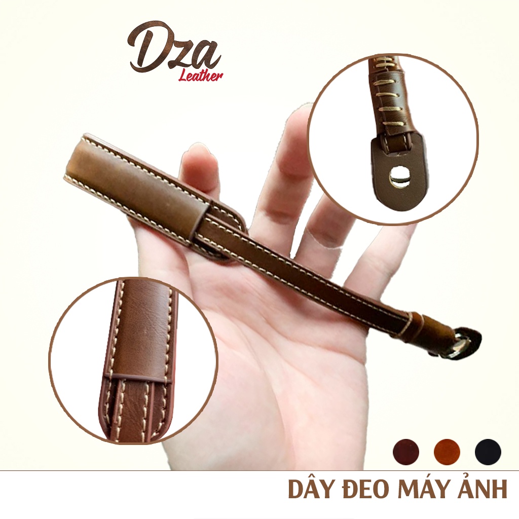 Dây đeo máy ảnh cổ tay da bò handmade dài 19cm dùng cho DSLR, compact Dza leather 3 màu lựa chọn