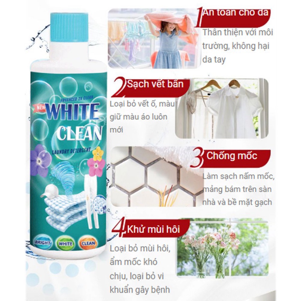 Tẩy trằng quần áo White Clean, thuốc tẩy mọi nấm mốc, ố vàng chánh phai mầu quần áo, an toàn cho da tay