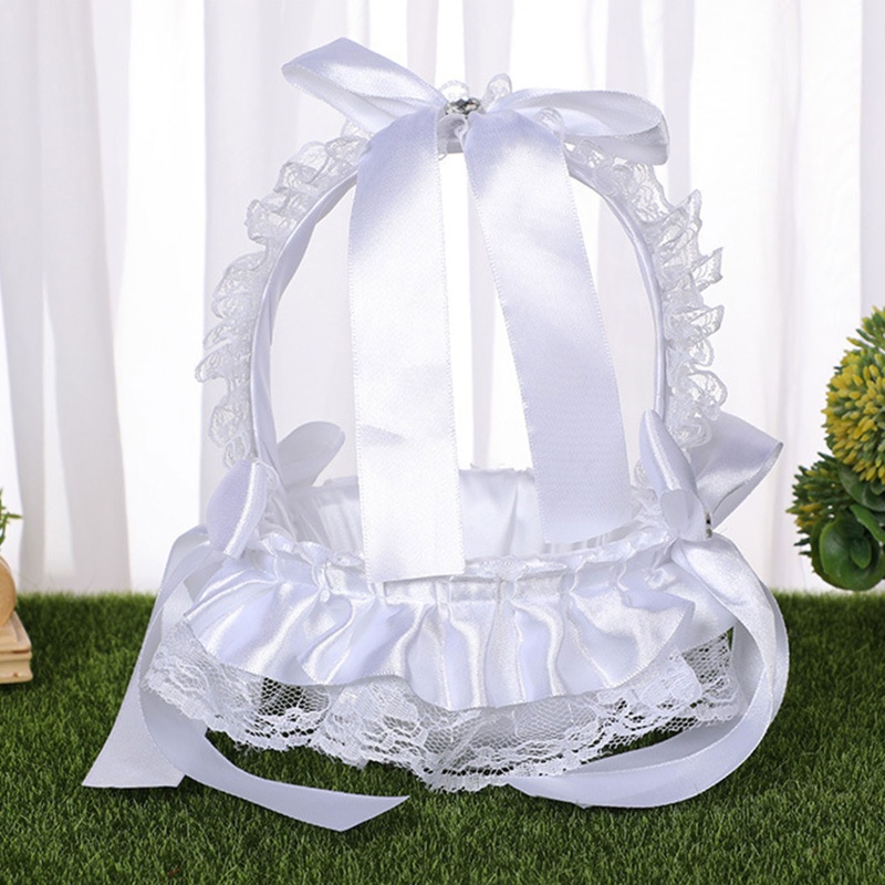 Giỏ hoa kkvision thích hợp cho lễ cưới giỏ hoa cô gái nhỏ màu trắng satin dễ thương với hoa giả ren b