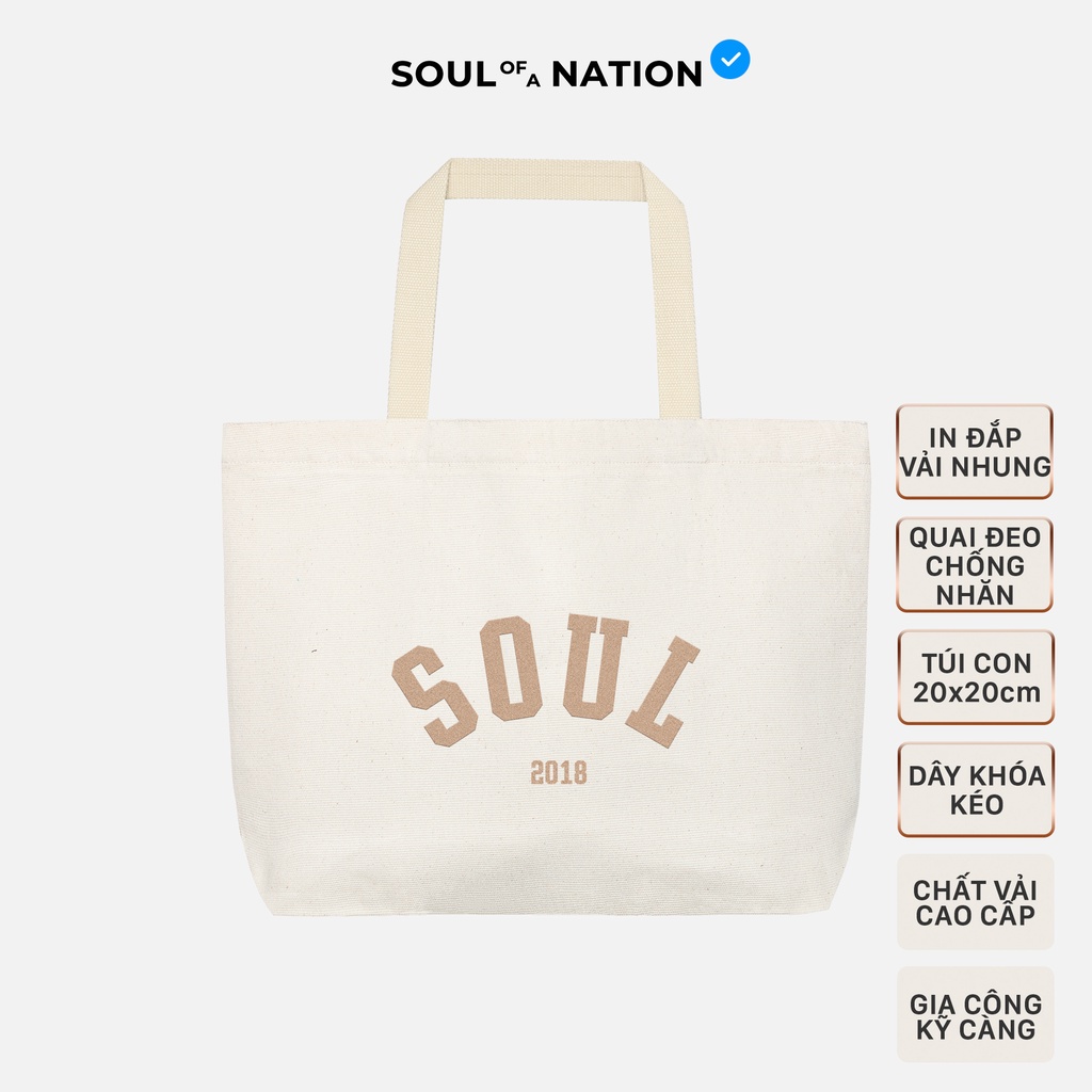 Túi Tote Vải Canvas Cao Cấp - SOUL chữ nhung - Size lớn, Dây đeo không nhăn, Có khóa kéo, Ngăn phụ bên trong