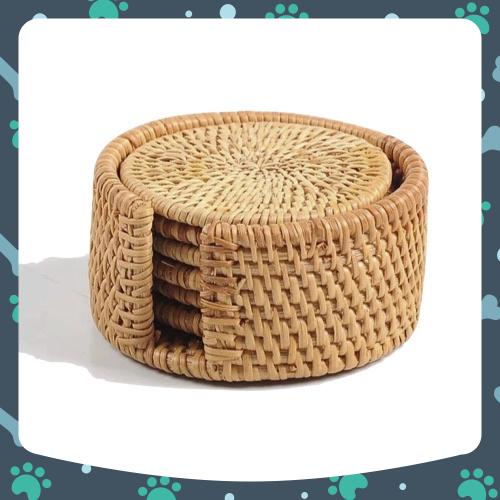 Bộ lót ly bằng mây - Set 6 miếng lót và 1 đế đựng - Rattan Coasters Set | Tre Việt