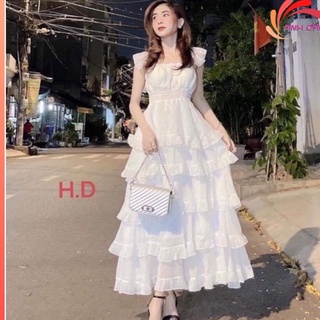 Váy đầm trắng dự tiệc maxi xòe 5 tầng công chúa xếp tầng dài hai dây bèo cánh tiên mùa tết XUONGWRMAY TC2