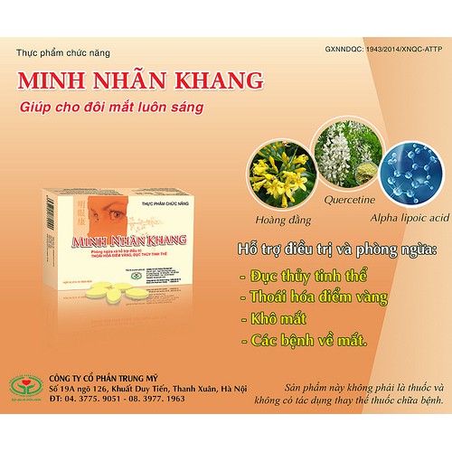 Minh Nhãn Khang - Giúp tăng cường thị lực. Hỗ trợ giảm thoái hóa điểm vàng, đục thủy tinh thể (Hộp 30 Viên)