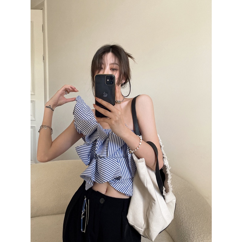 Áo quây lệch vai kẻ sọc xếp tầng cách điệu hai dây ulzzang sherry cabinet