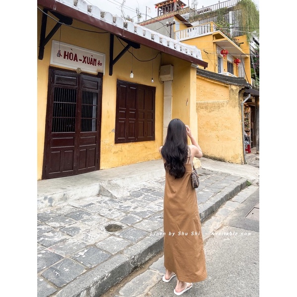SHU SHI - Váy Linen Basic 2 Dây 2 Lớp Màu Nâu ( ảnh chính chủ )