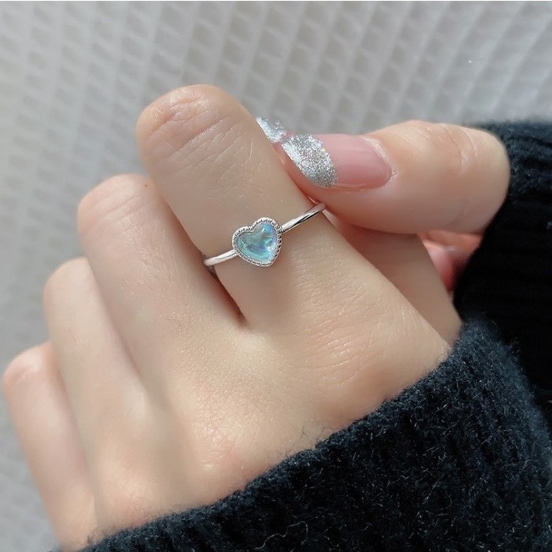 Nhẫn nữ đá mặt trăng hình trái tim có thể điều chỉnh theo phong cách Hàn Quốc