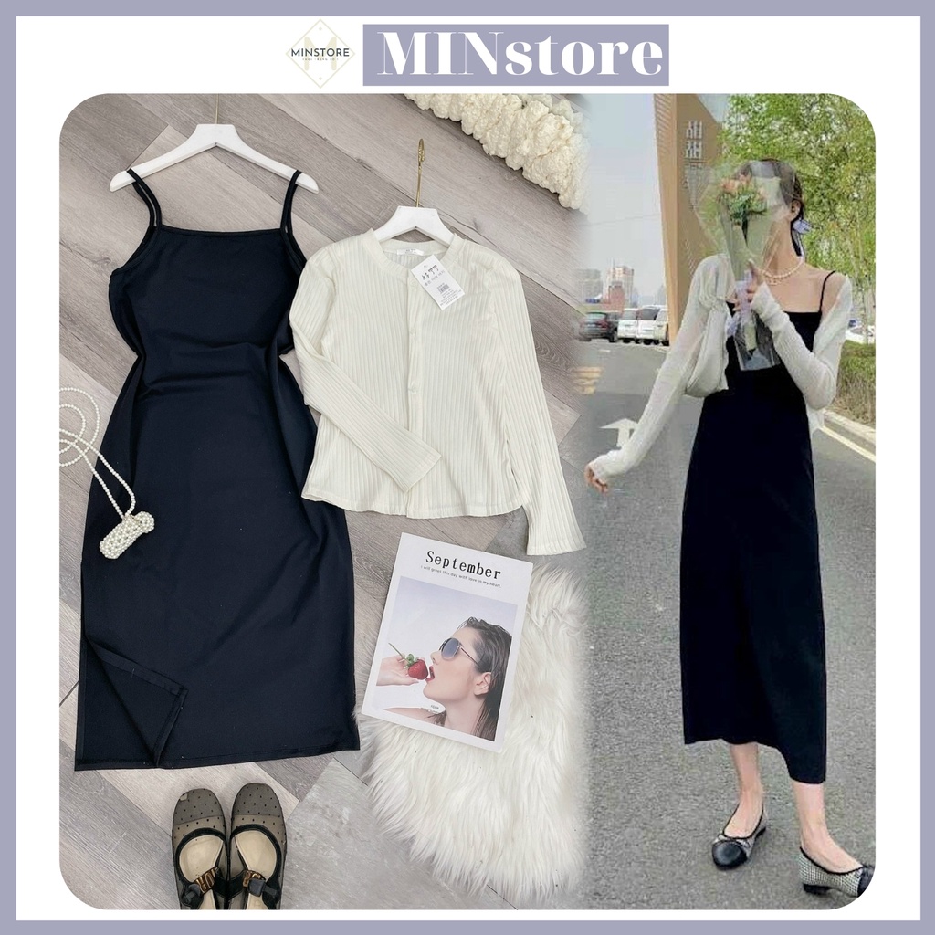 Set Đầm 2 Dây Ôm Body Dây Rút Sexy Kèm Áo Khoác Mỏng Cardigan [ẢNH THẬT + VIDEO]