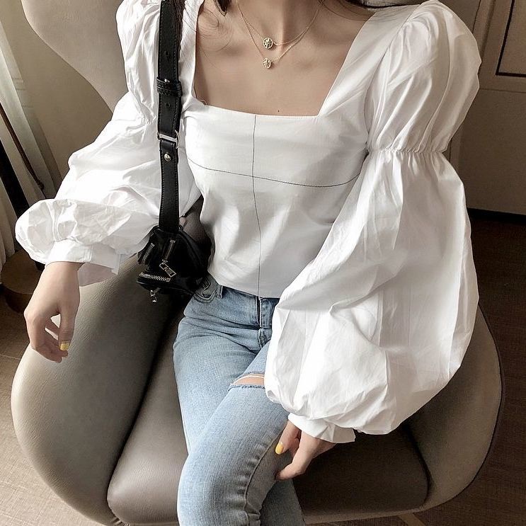 Áo Sơ Mi Cổ Vuông Tay Bồng Thắt Dây Phong Cách Thời Trang Hàn Quốc Mới