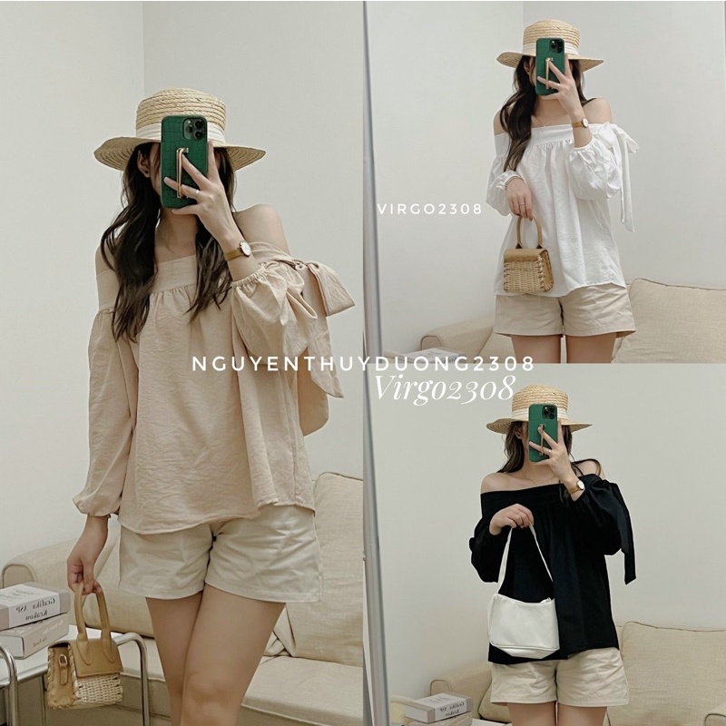 [Ảnh thật]Áo đũi trễ vai thắt nơ phong cách Ulzzang