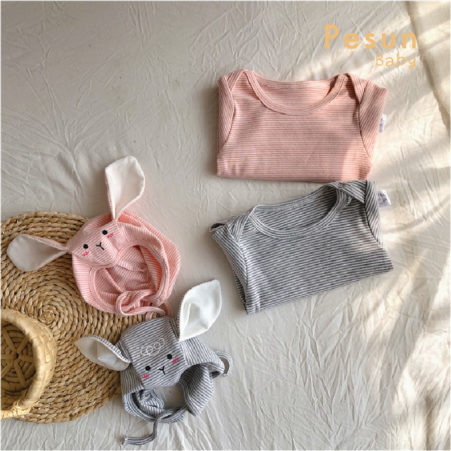 Set body kèm mũ tai thỏ ngộ nghĩnh 0-2 tuổi thun cotton cực thoải mái cho bé