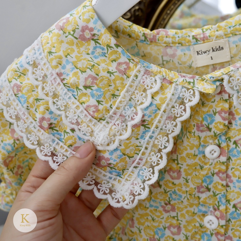 Váy cotton bé gái KIWY KIDS dáng xòe công chúa, cổ 2 lớp viền ren Kidsh2183 cho bé từ 10-25kg
