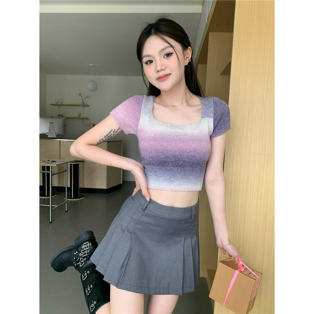 Áo Thun Dệt Kim Cổ Vuông Ngắn Tay Dáng Ôm Màu Gradient Thời Trang Dạo Phố Cá Tính 628