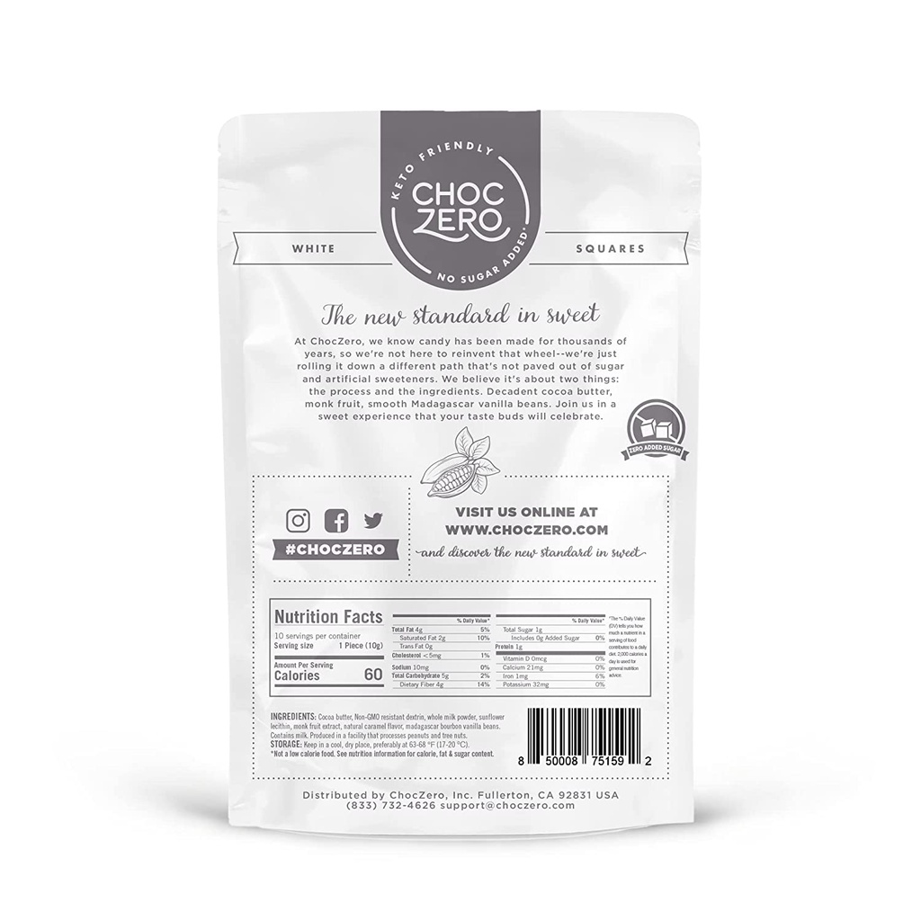 TÚI SOCOLA TRẮNG VUÔNG Choczero WHITE CHOCOLATE SQUARES, KHÔNG ĐƯỜNG, ĂN KIÊNG Keto, Non GMO, Gluten Free, 100g (3.5oz)