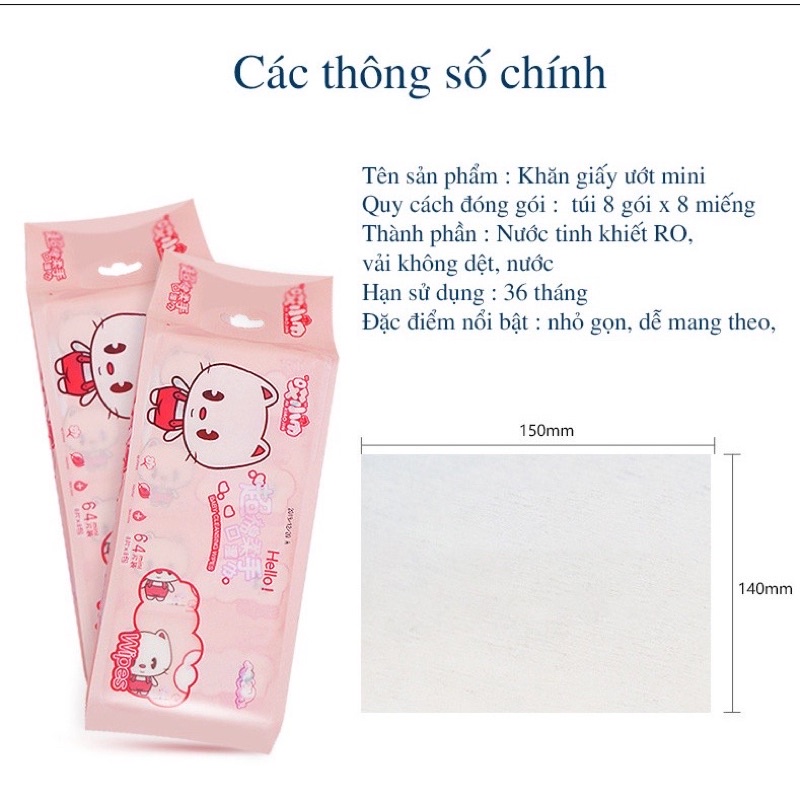 Gói 8 khăn ướt mini, Combo 64 khăn ướt mini, Khăn giấy ướt nhỏ gọn bỏ túi tiện lợi