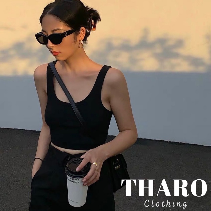 Áo Croptop Nữ Gân Tăm, Cổ Vuông Hai Dây - Tharo Clothing