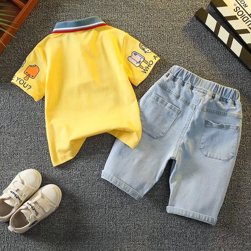 Bộ Áo Thun polo + Quần Short Denim Ngắn Tay Họa Tiết Hoạt Hình Thời Trang Mùa Hè 2022 Cho Bé Trai 3-15 Tuổi