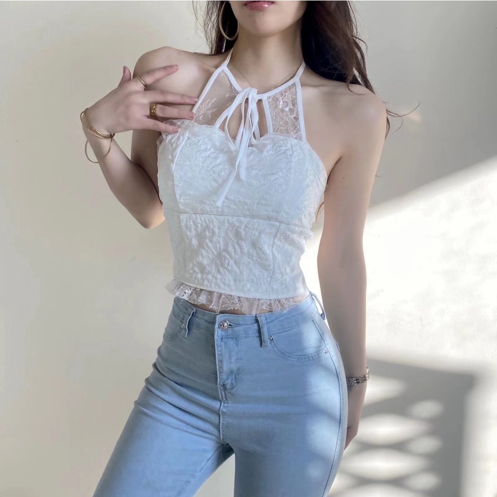 áo 2 dây có mút ngực áo hai dây croptop Dáng Ngắn Phối Ren Thời Trang Mùa Đông Quyến Rũ Cho Nữ