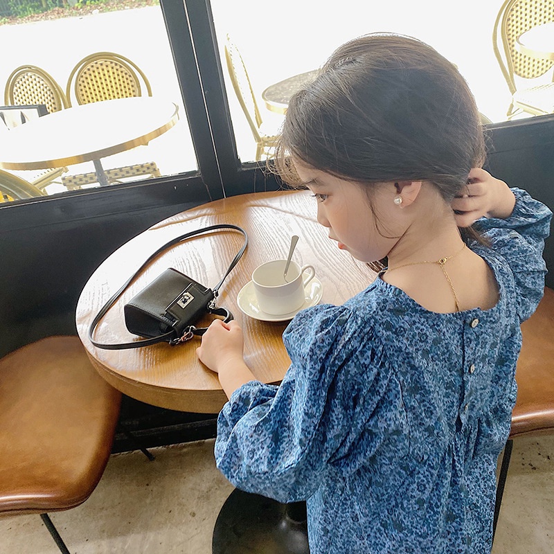 IQ Angel  Đầm Tay Dài Phồng Họa Tiết Hoa Xinh Xắn Phong Cách Hàn Quốc Cho Bé Gái