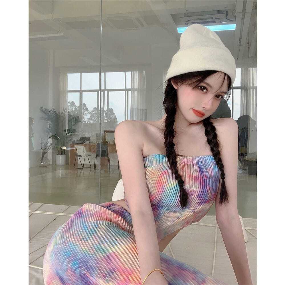 Set Áo Ống Cúp Ngực + Quần Ống Rộng Nhuộm Màu Thời Trang Mùa Hè Độc Đáo Cho Nữ