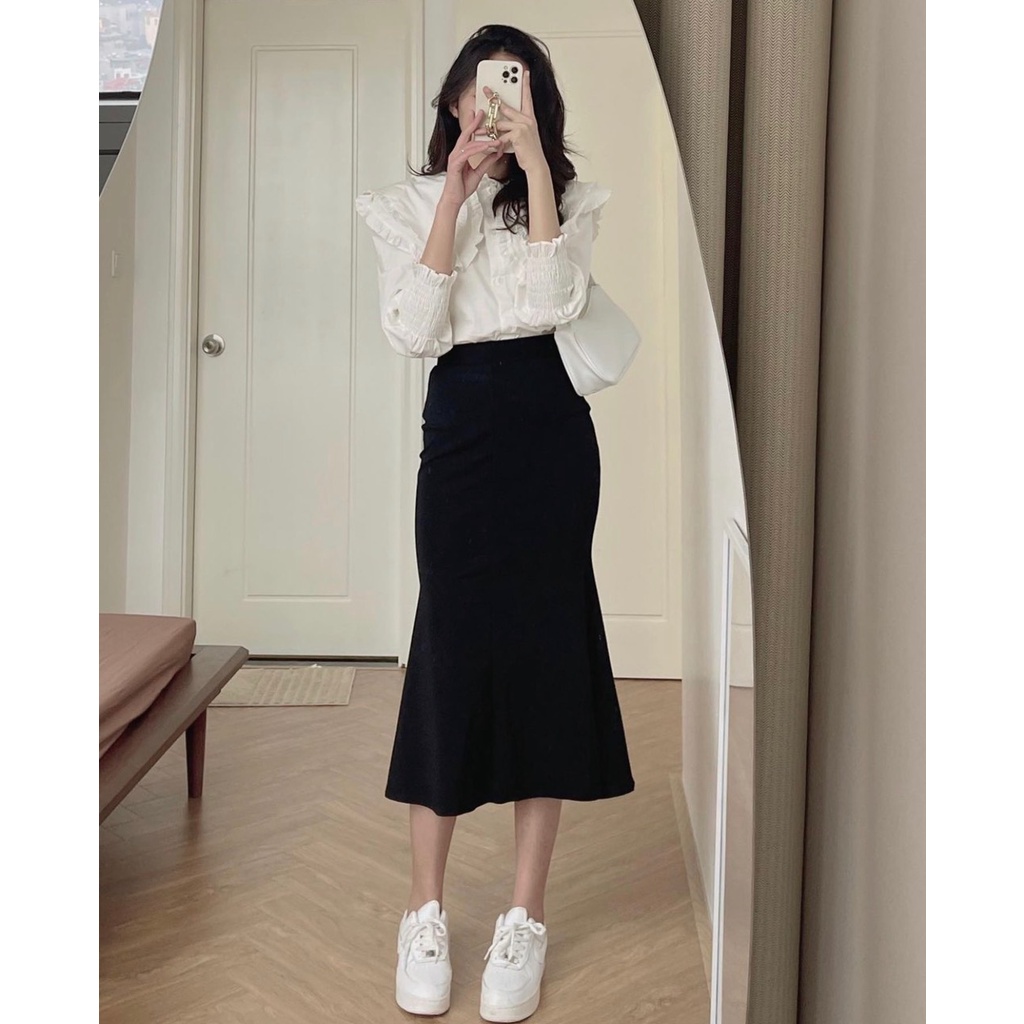 Chân váy đuôi cá MAYSINCE dài chất cotton co giãn 4 chiều màu đen MAT02-0152